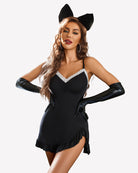 Black modal chemise nightie with lace V neckline, ruched bust, ruffle trim hem