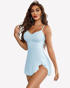Light blue modal chemise nightie with lace-trim scoop neckline and ruffle hem