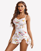 Floral modal chemise nightie with lace V neckline and layered ruffle hem side opening