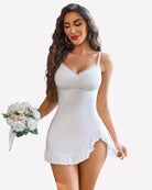 White modal chemise nightie with lace V neckline and ruffled hem with side slit