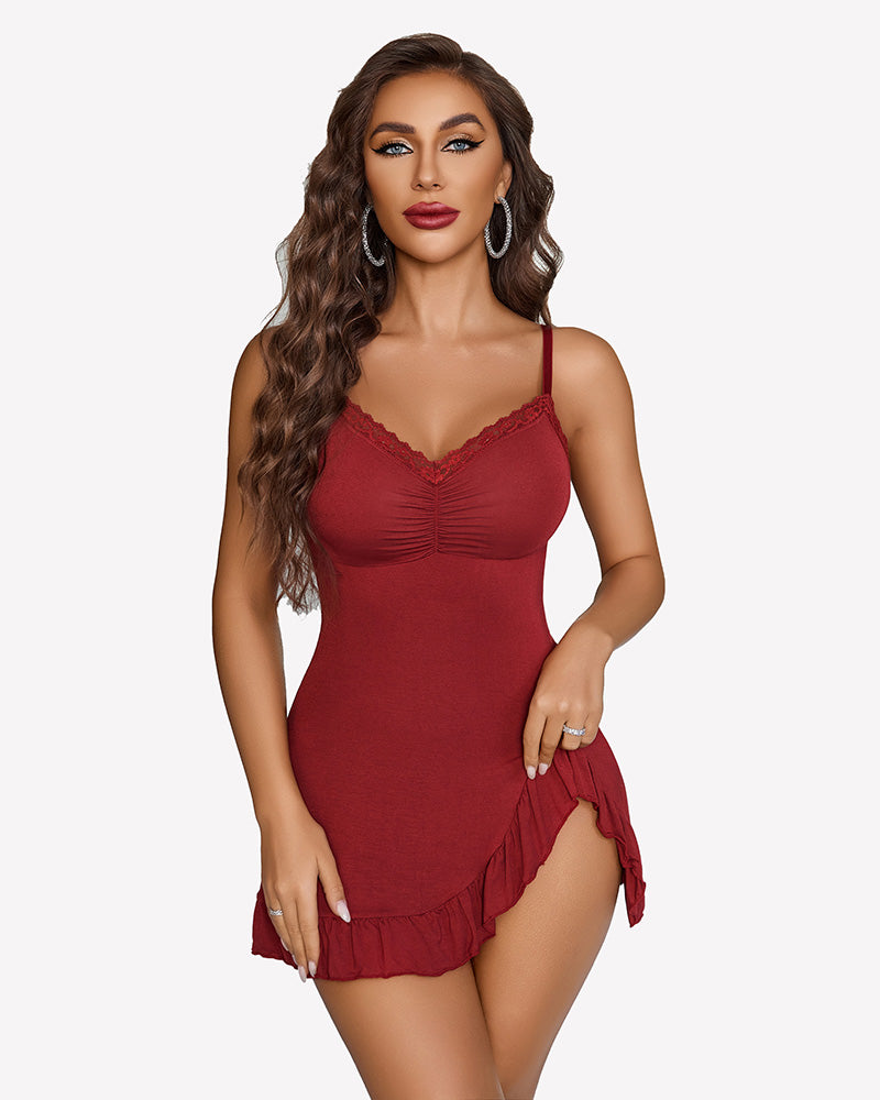 Wine red modal chemise nightie with lace-trim V neckline and side slit hem