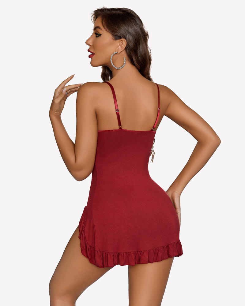 Wine red modal chemise nightie with lace straps and ruffled hem