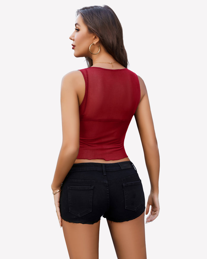Sheer dark red mesh tank top with scoop back and lace hem