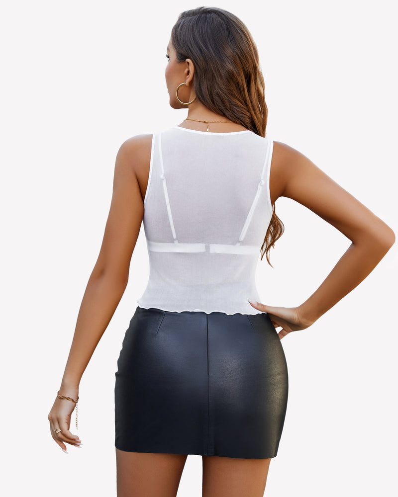 White sheer mesh tank top with racer-back style and adjustable straps, back view