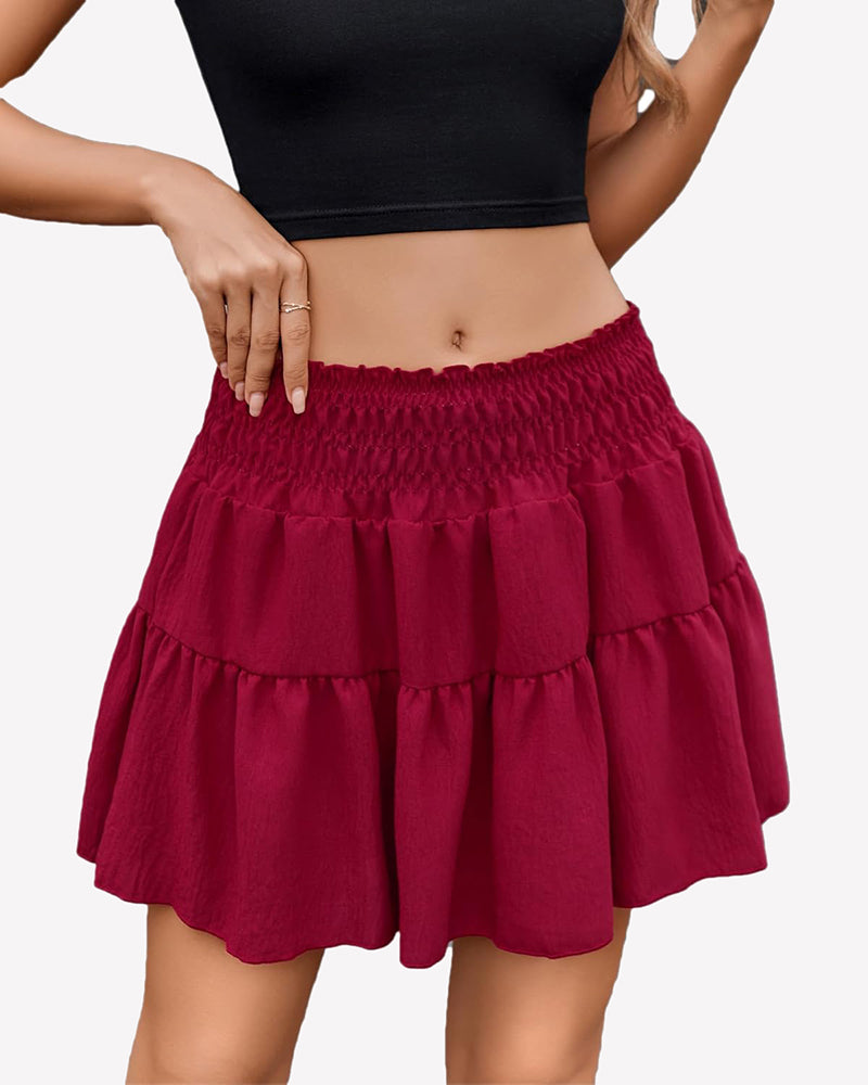 Wine red smocked waist A-line short skirt with tiered ruffle panels