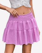 Light purple smocked waist A-line short skirt with tiered ruffle layers