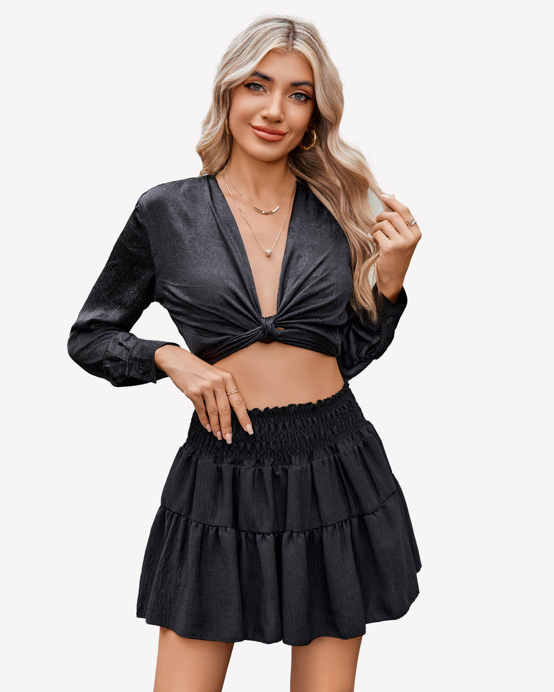 Black smocked waist tiered A-line short skirt with layered ruffle bands