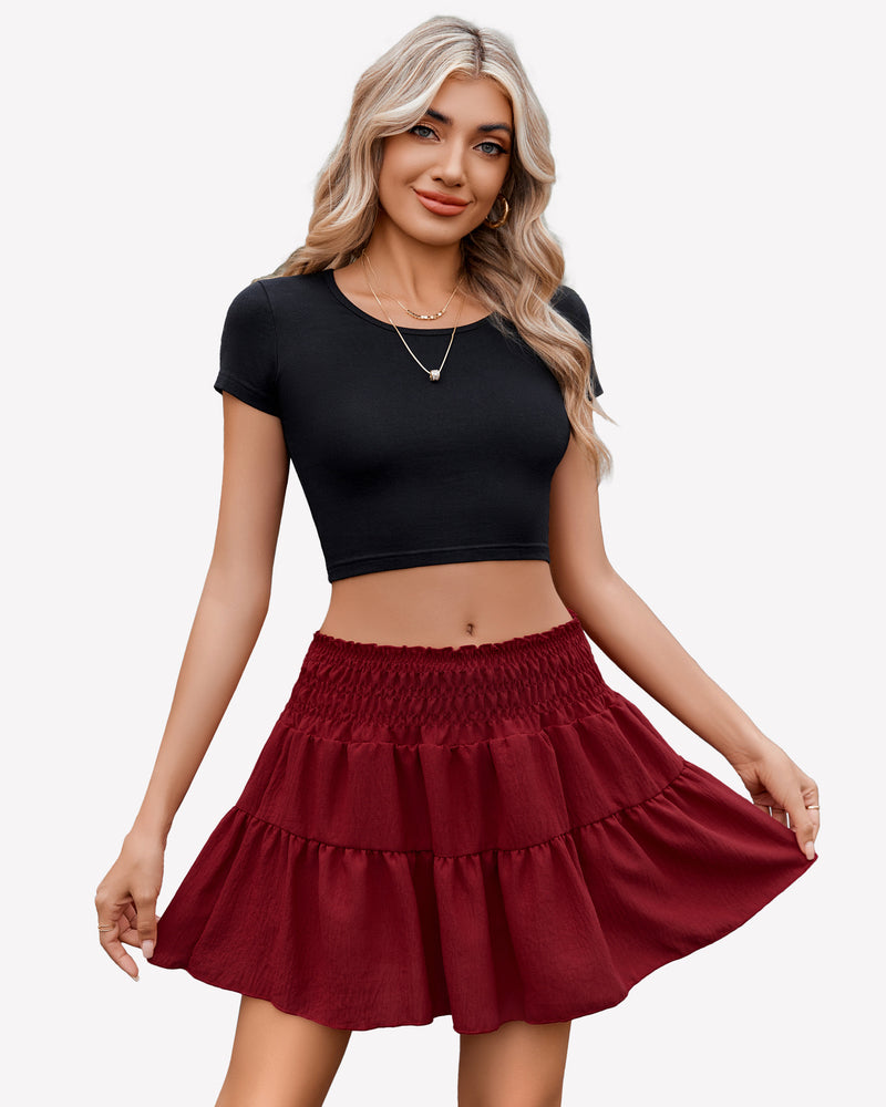 Wine red tiered A-line short skirt with elastic waistband and layered ruffles