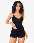 Black lace-trim cami pajama set with matching short bottoms