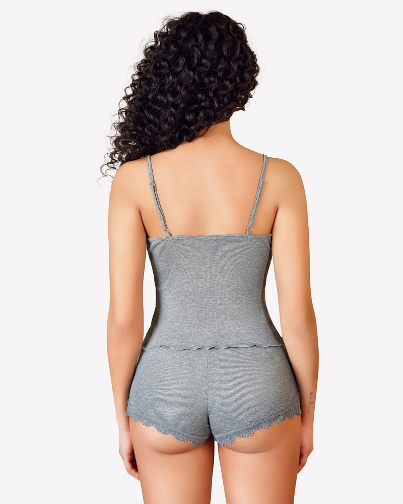 Grey lace-trim cami pajama set, back view with matching short bottoms