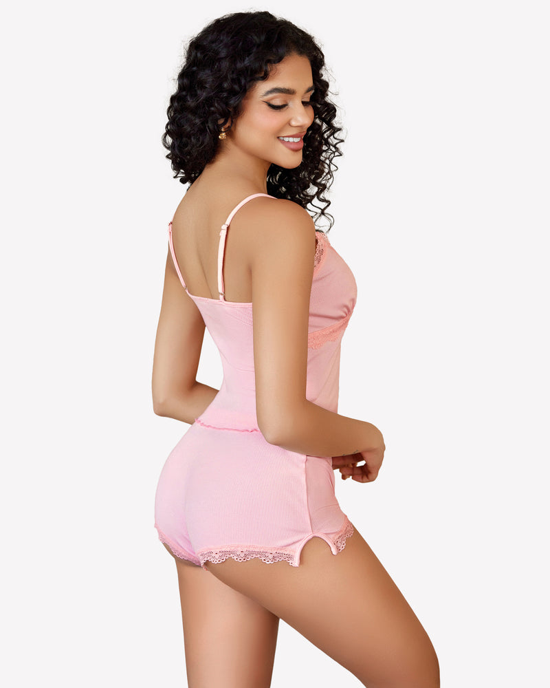Pink lace-trim cami pajama set, back view with matching short bottoms