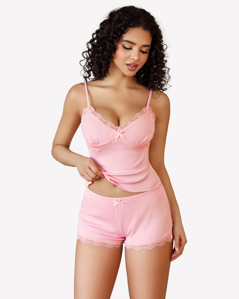 Pink lace-trim cami pajama set with adjustable straps and short bottoms