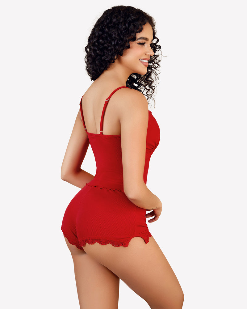 Red lace-trim cami pajama set, back view with matching short bottoms