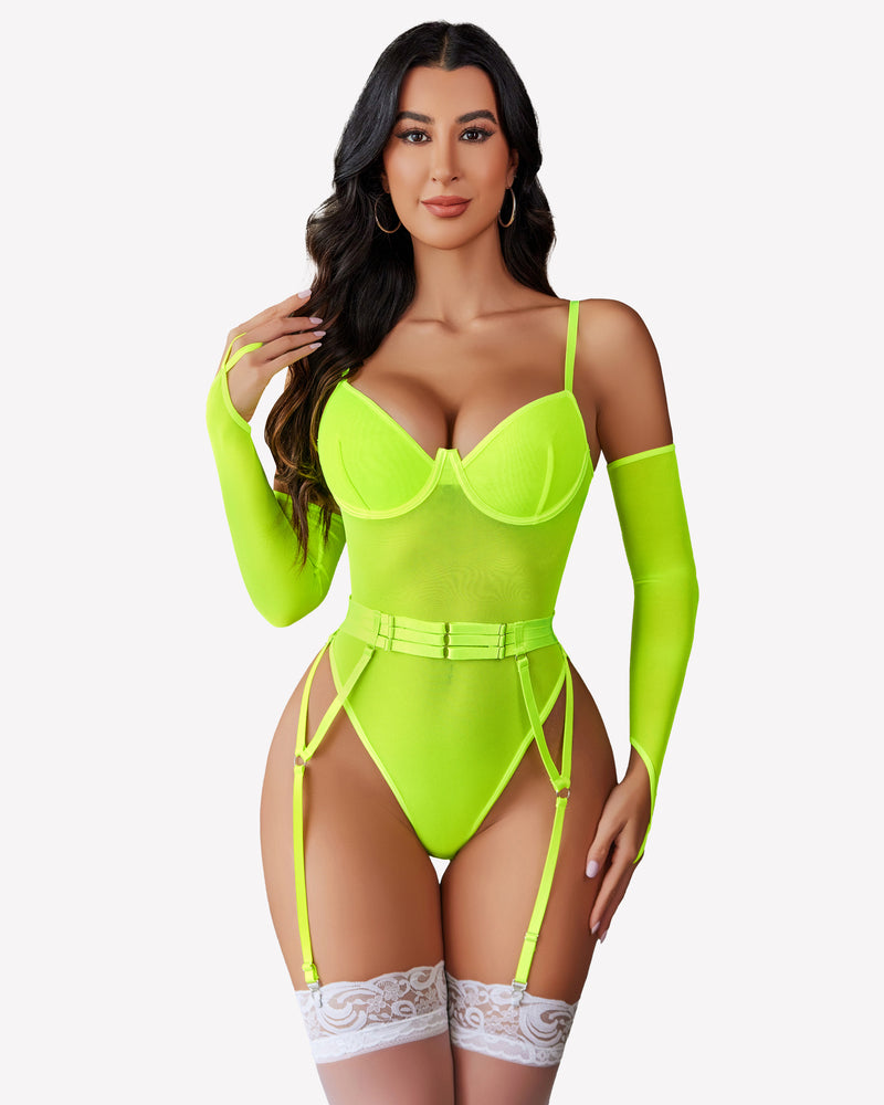 Neon yellow mesh garter teddy with underwire cups, garter straps, and lace garters