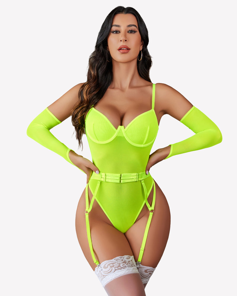 Neon yellow mesh garter teddy with underwire cups, lace trim, and over-sleeves