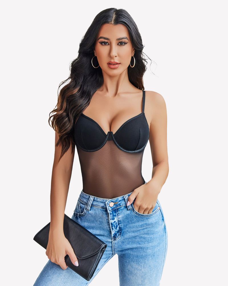 Black mesh garter teddy with underwire cups, sheer bodice, and garter straps