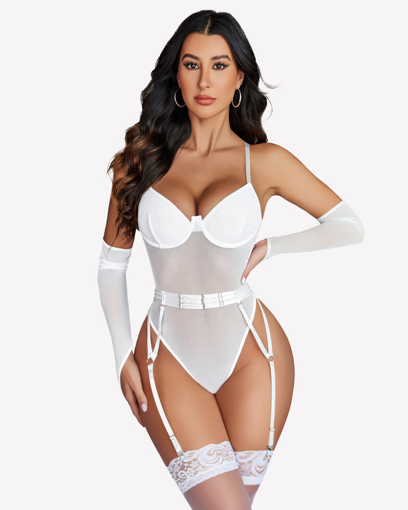 White mesh garter teddy with long oversleeves, underwire cups, lace garter trim