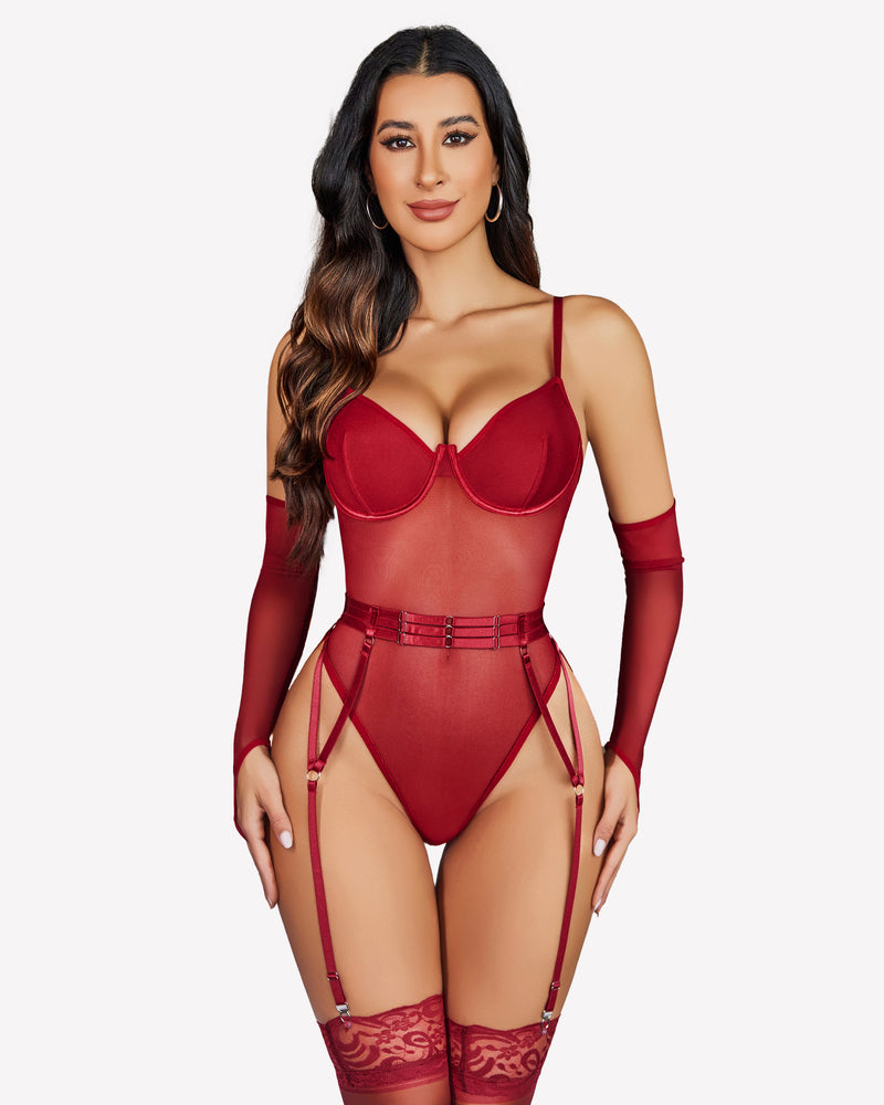 Deep red mesh garter teddy with long oversleeves, lace garter bands and strappy legs