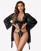 Black lace teddy with sheer mesh robe, plunging lace neckline and tie-front.