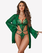 Green lace teddy with sheer mesh robe, plunging lace neckline and tie-front.