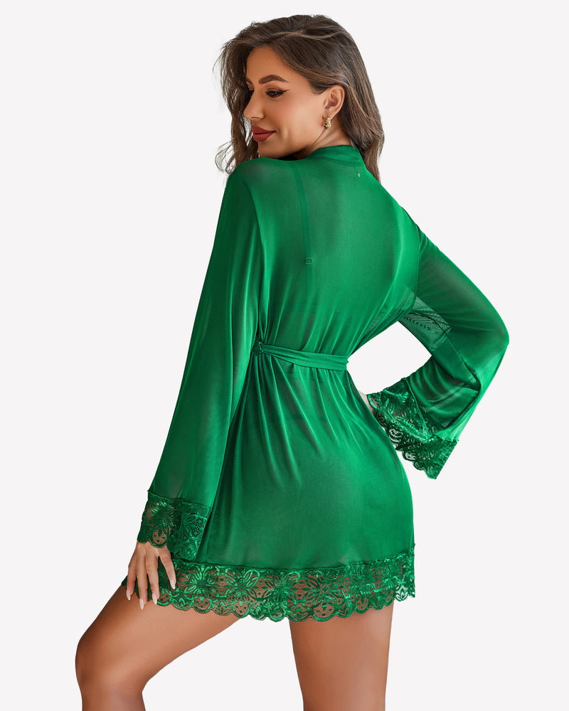 Green sheer mesh robe with lace hem over lace teddy, back view.