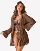 Brown lace teddy with sheer mesh robe, plunging lace neckline and tied waist.