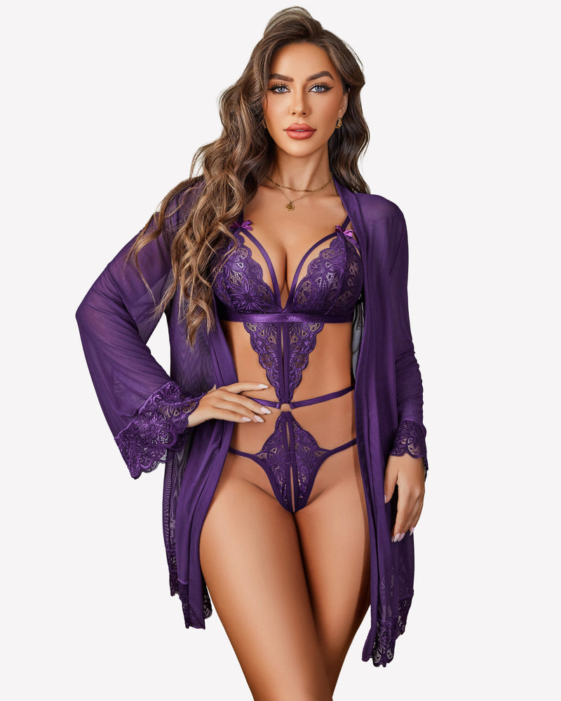 Purple lace teddy with sheer mesh robe, plunging lace neckline and tie-front.
