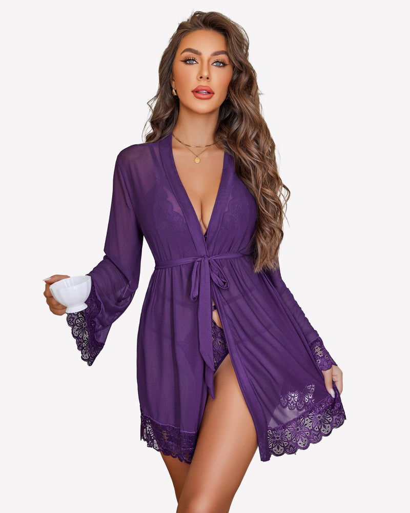 Purple lace teddy with plunging V neckline and matching mesh robe