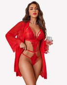 2-piece red lace teddy with mesh robe; sheer straps and lace trim