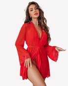 Red mesh robe with lace trim and tied waist over lace teddy