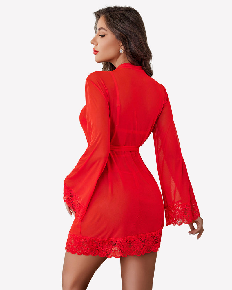 Red mesh robe with lace hem and tied waist; back view