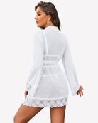 White sheer mesh robe with lace trim, long sleeves, and waist tie back