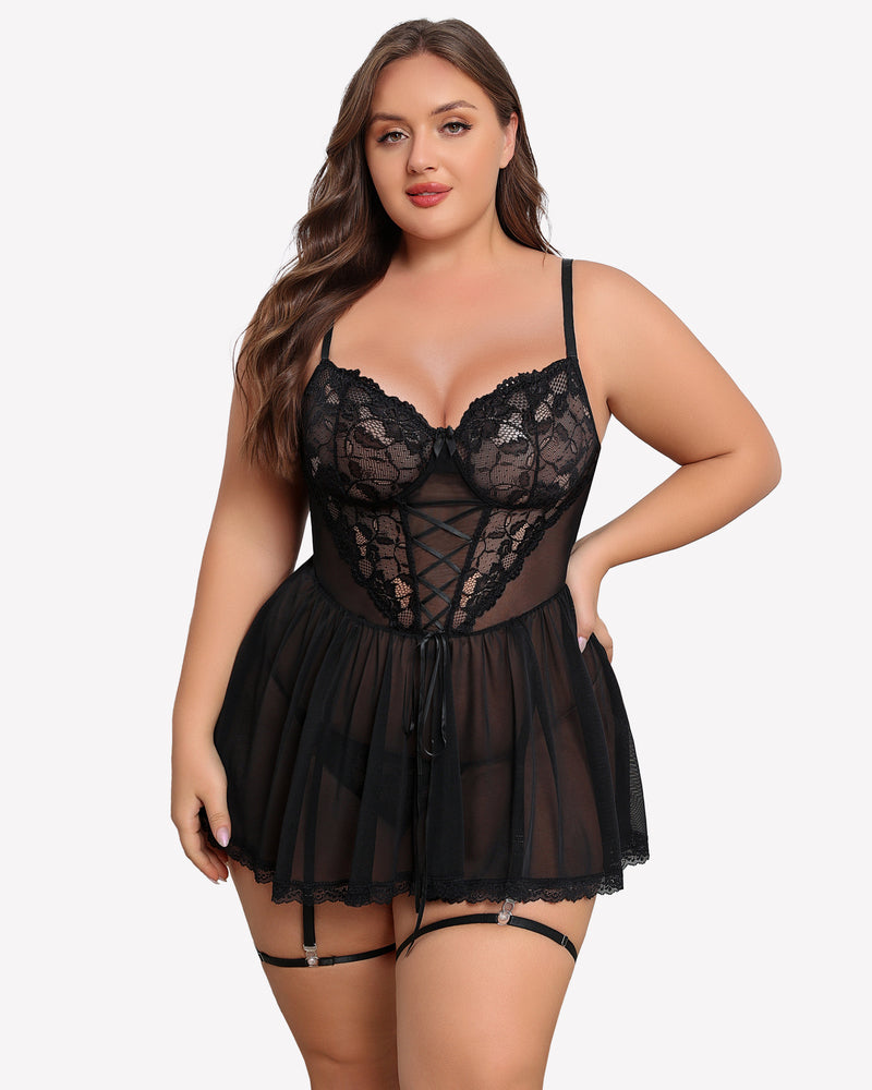 Plus size black lace babydoll with corset-style lace front and garter belt straps