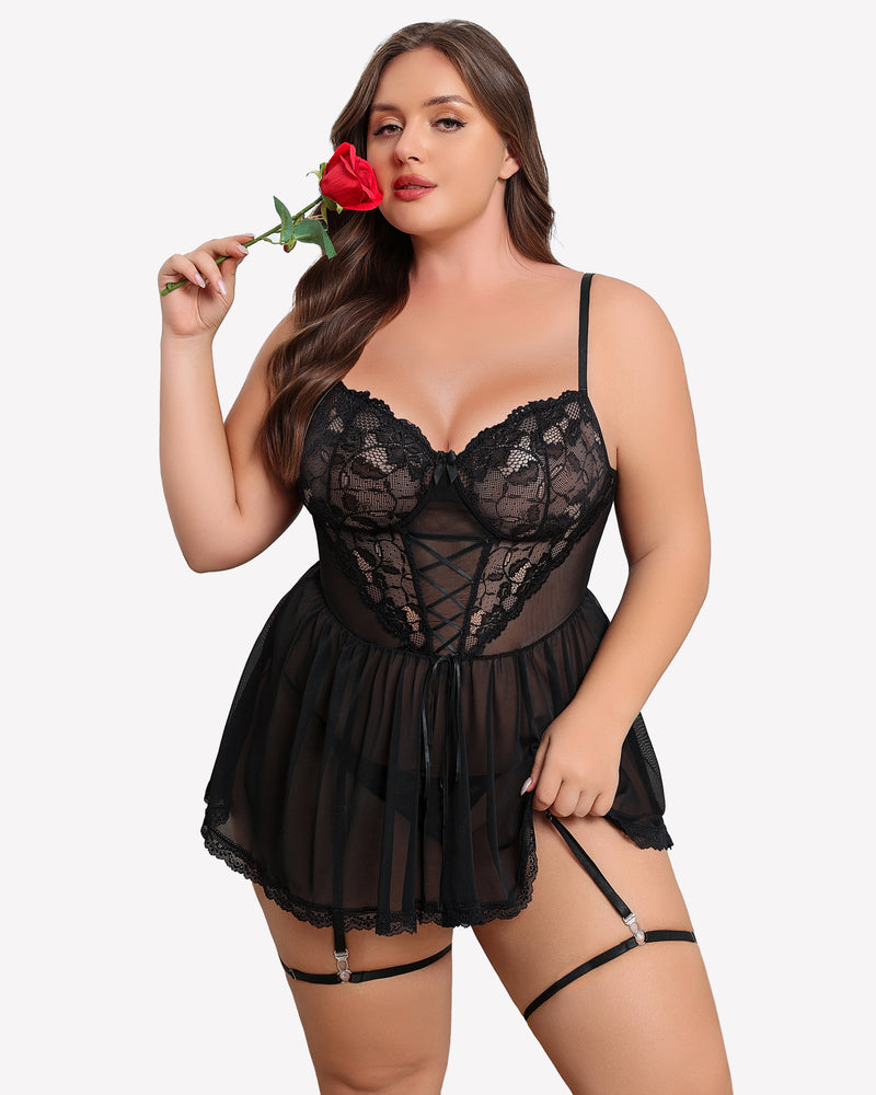 Plus size black lace babydoll with garter belt straps and sheer pleated skirt