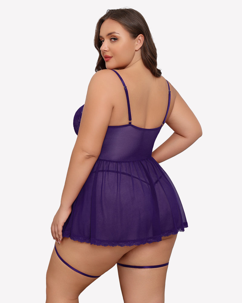 Plus size purple lace babydoll with open back straps and garter belt waistband