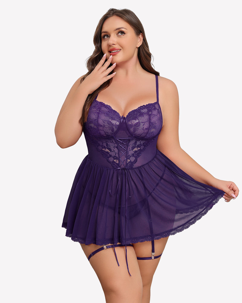 Plus size purple lace babydoll with garter belt straps and sheer pleated skirt