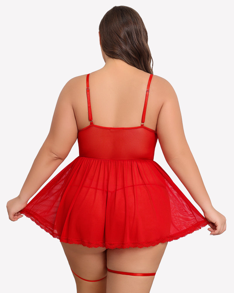 Plus size red lace babydoll from back view with garter belt straps