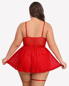 Plus size red lace babydoll from back view with garter belt straps
