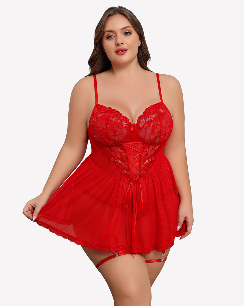 Plus size red lace babydoll with garter belt straps and sheer flared hem
