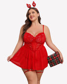 Plus size red lace babydoll with garter belt straps and sheer pleated skirt