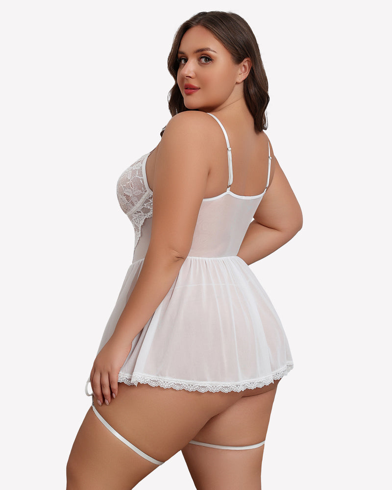 White lace babydoll with garter belt, scalloped hem, adjustable spaghetti straps