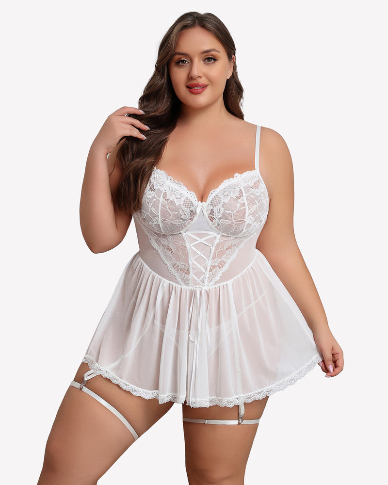 Plus size white lace babydoll with garter belt straps and sheer flared skirt
