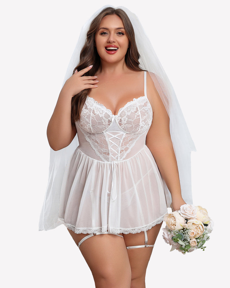 White lace babydoll with garter belt, corset-style bodice, embroidered cups and lace hem