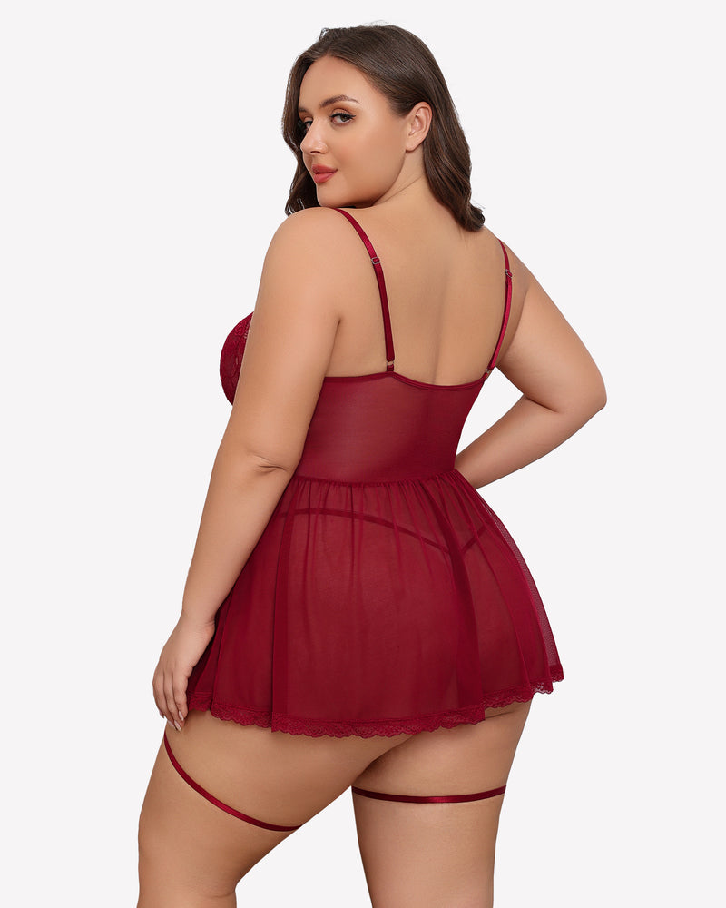 Wine red lace babydoll with garter belt, strappy open back, lace-trim hem