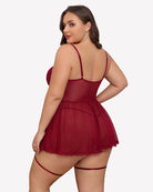 Wine red lace babydoll with garter belt, strappy open back, lace-trim hem
