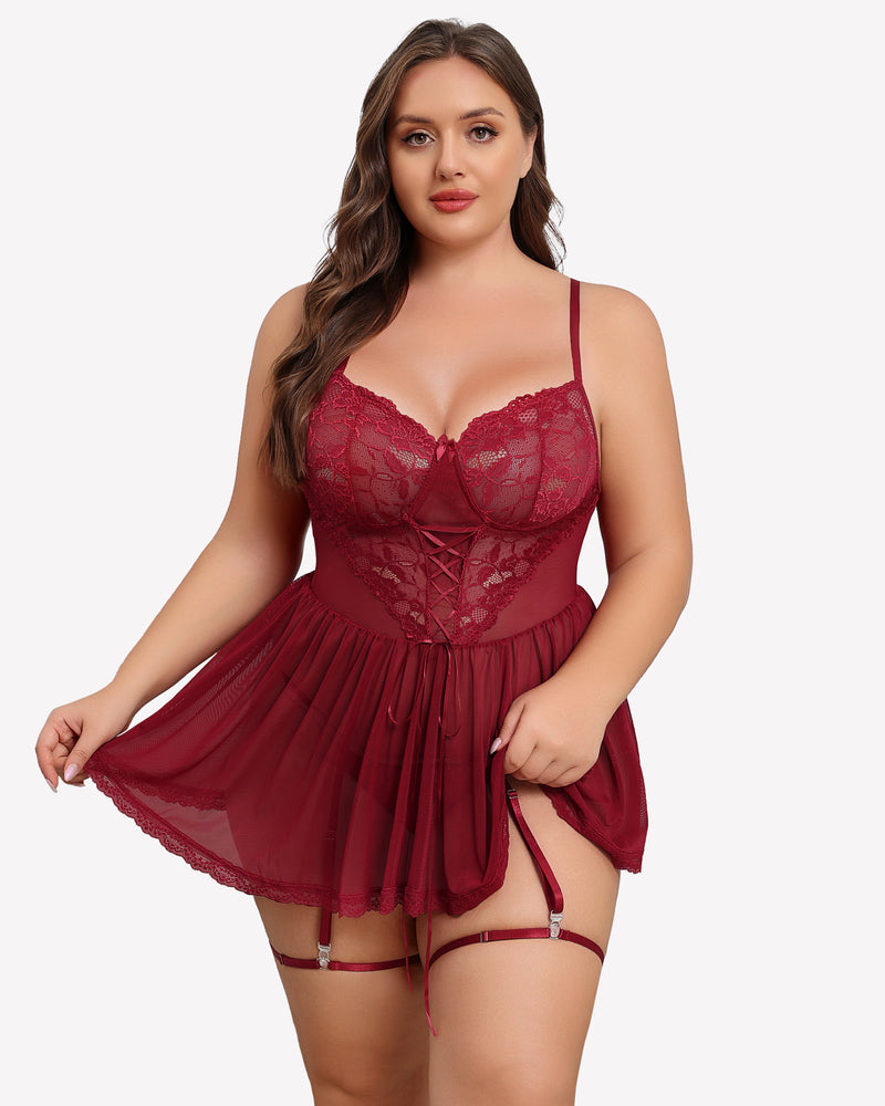 Wine red lace babydoll with garter belt, corset-style bodice, lace-trim skirt
