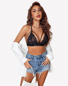 Black lace triangle bra with adjustable straps and matching high-cut panty