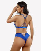 Blue lace high-cut panty with strappy back bra lingerie set