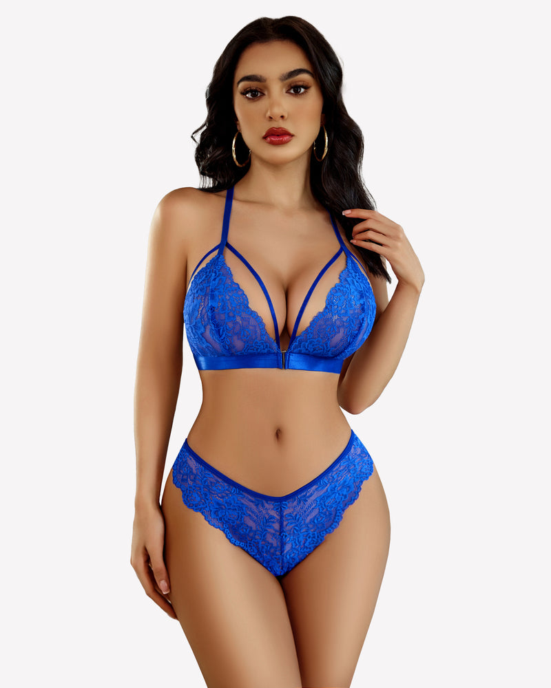 Blue lace triangle bra and high-cut panty lingerie set