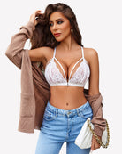 White lace bra and panty set with deep plunge cups and strappy straps